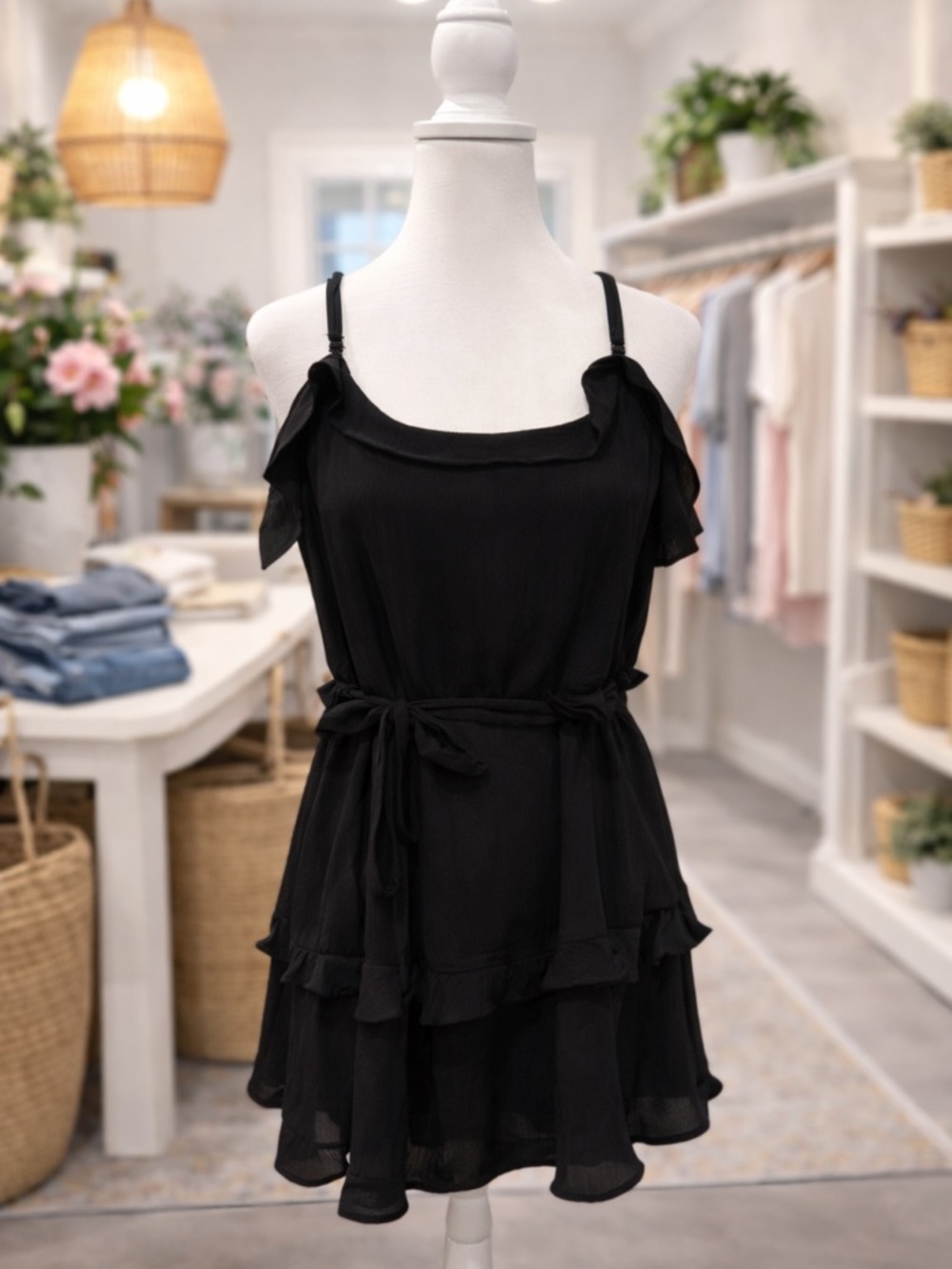 White Birch Black Tiered Dress XL 3X Ruffle Flowy Adjustable Straps Boho